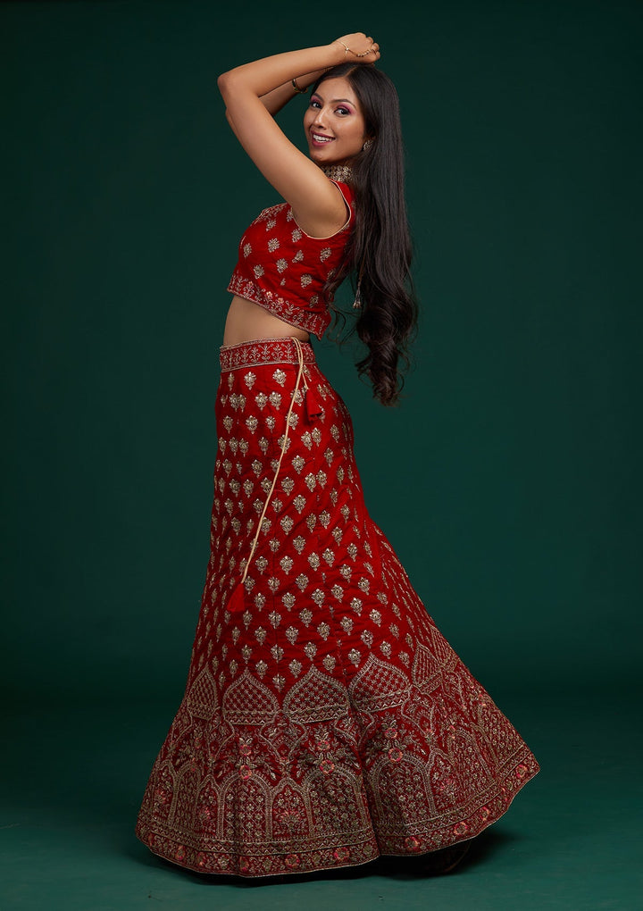 Red Zariwork Velvet Designer Lehenga-Koskii