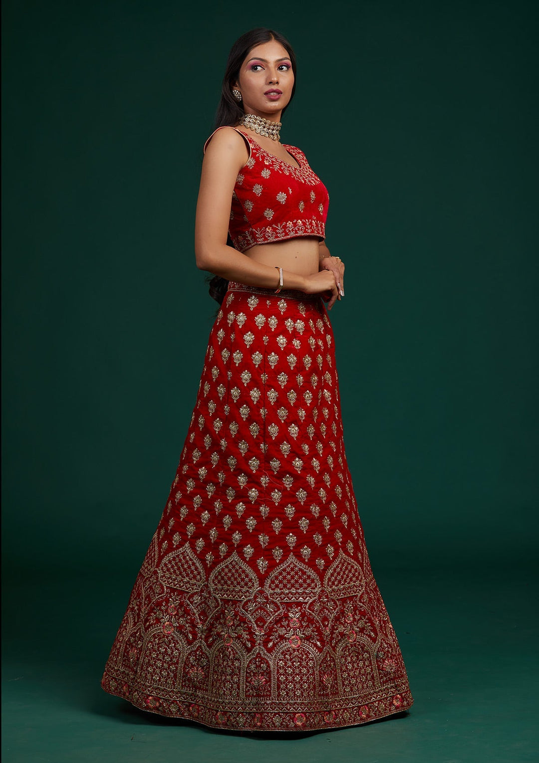 Red Zariwork Velvet Designer Lehenga-Koskii