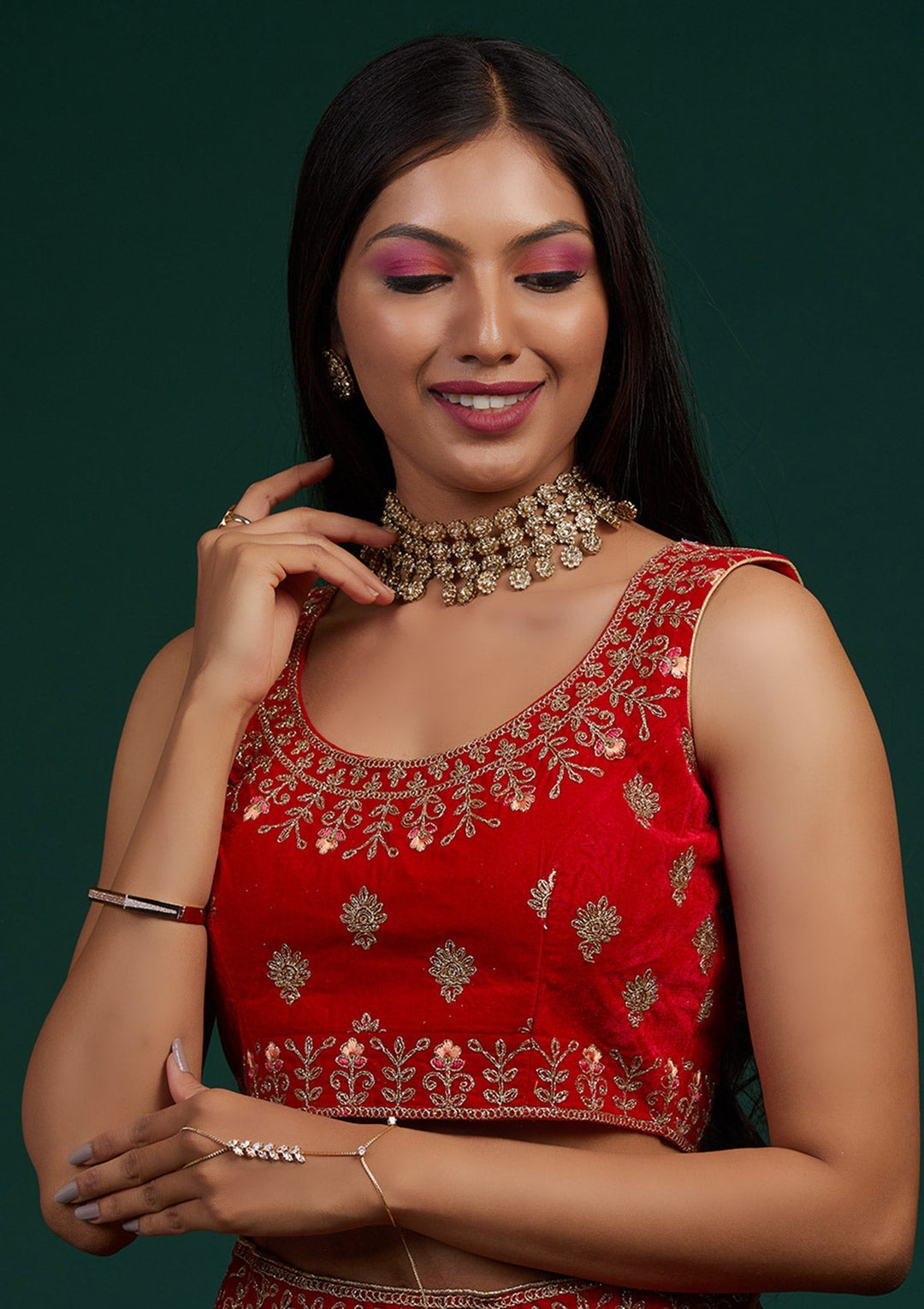 Red Zariwork Velvet Designer Lehenga-Koskii