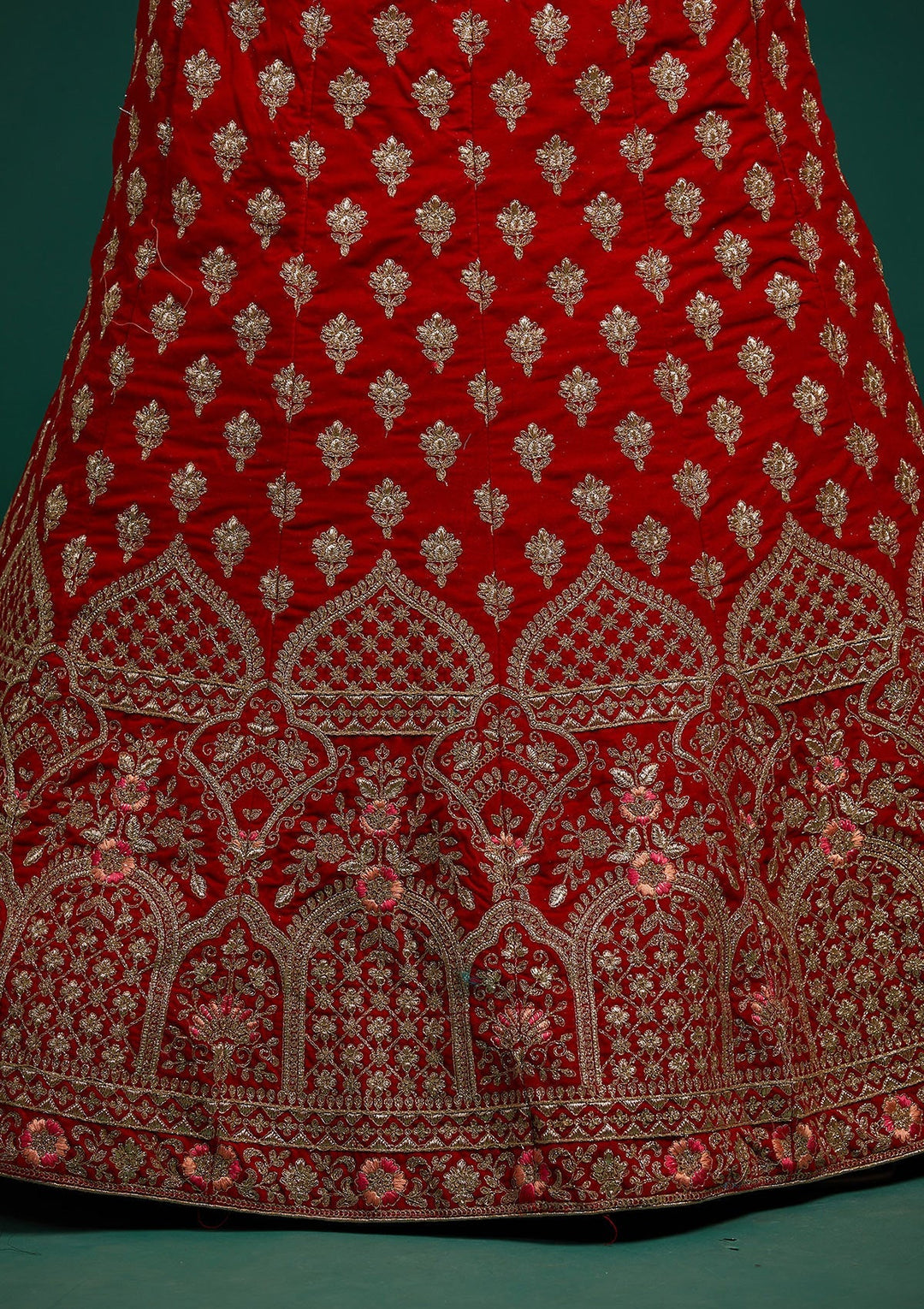Red Zariwork Velvet Designer Lehenga-Koskii
