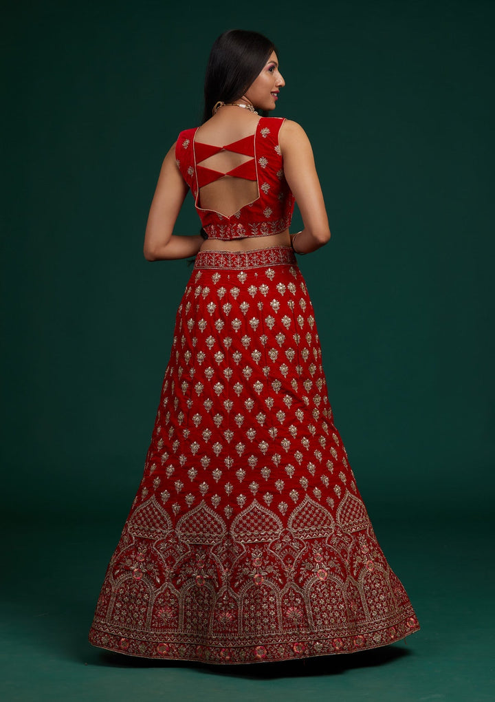 Red Zariwork Velvet Designer Lehenga-Koskii