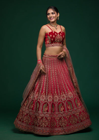 Red Zariwork Velvet Lehenga-koskii