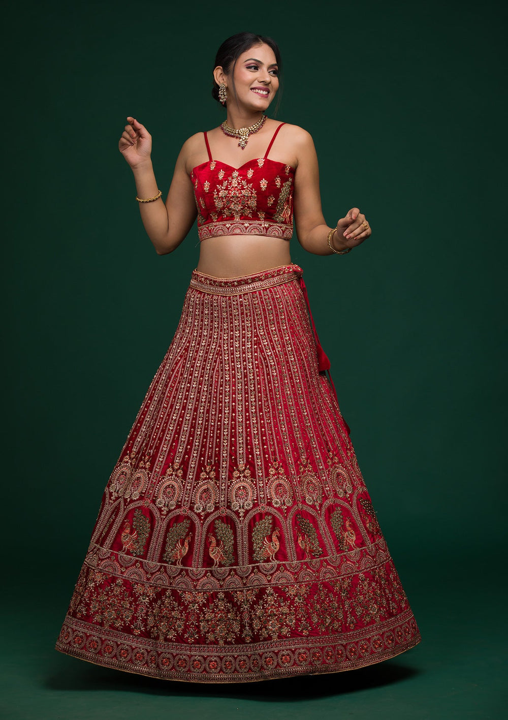 Red Zariwork Velvet Lehenga-koskii
