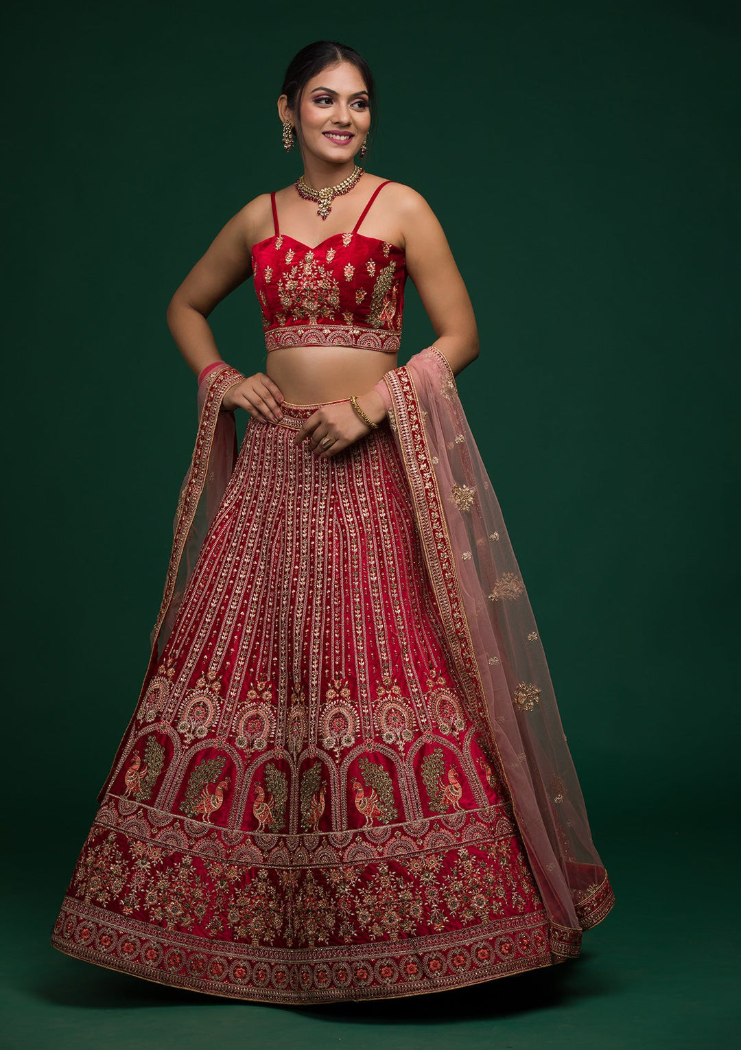 Red Zariwork Velvet Lehenga-koskii