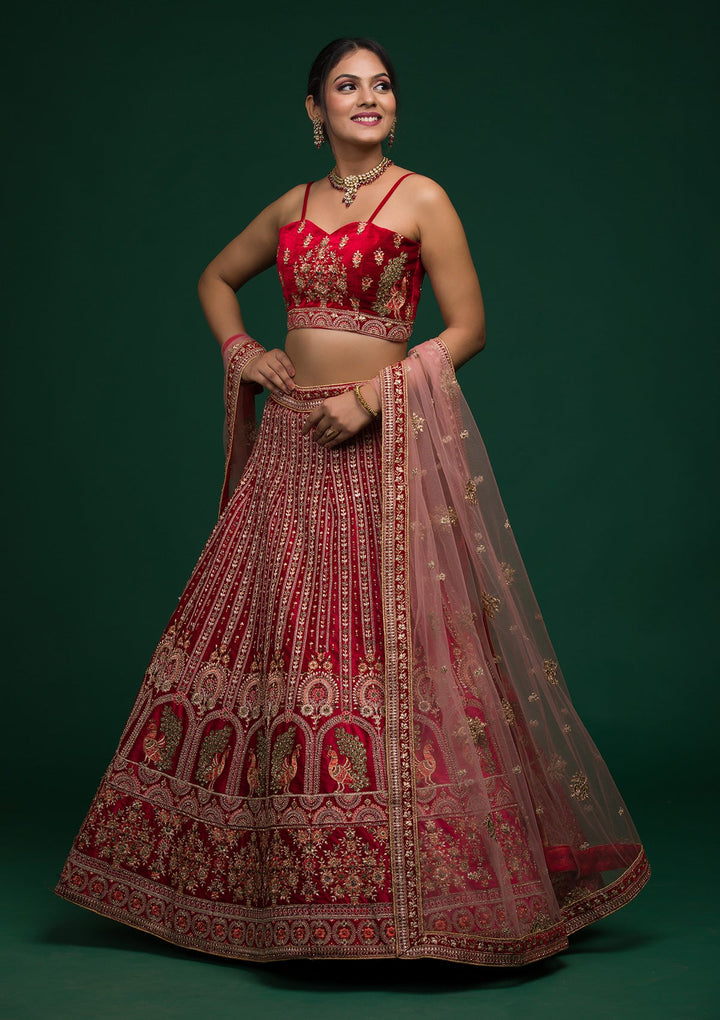 Red Zariwork Velvet Lehenga-koskii
