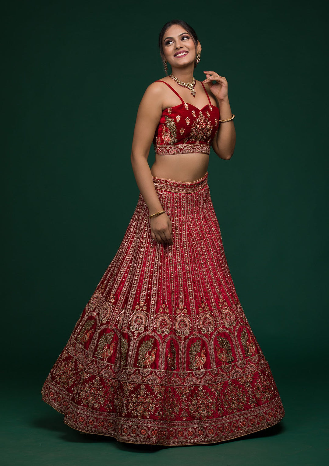 Red Zariwork Velvet Lehenga-koskii