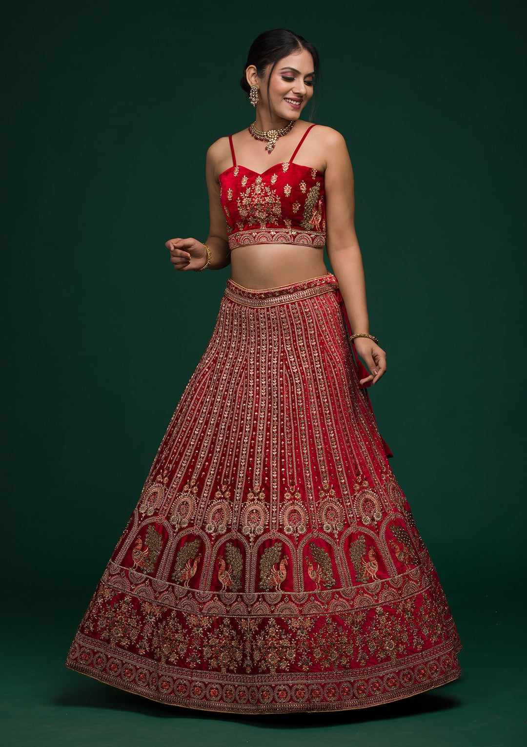 Red Zariwork Velvet Lehenga-koskii