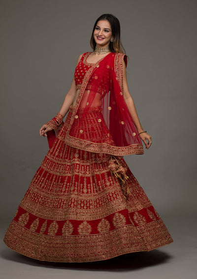 Red Zariwork Velvet Lehenga-koskii