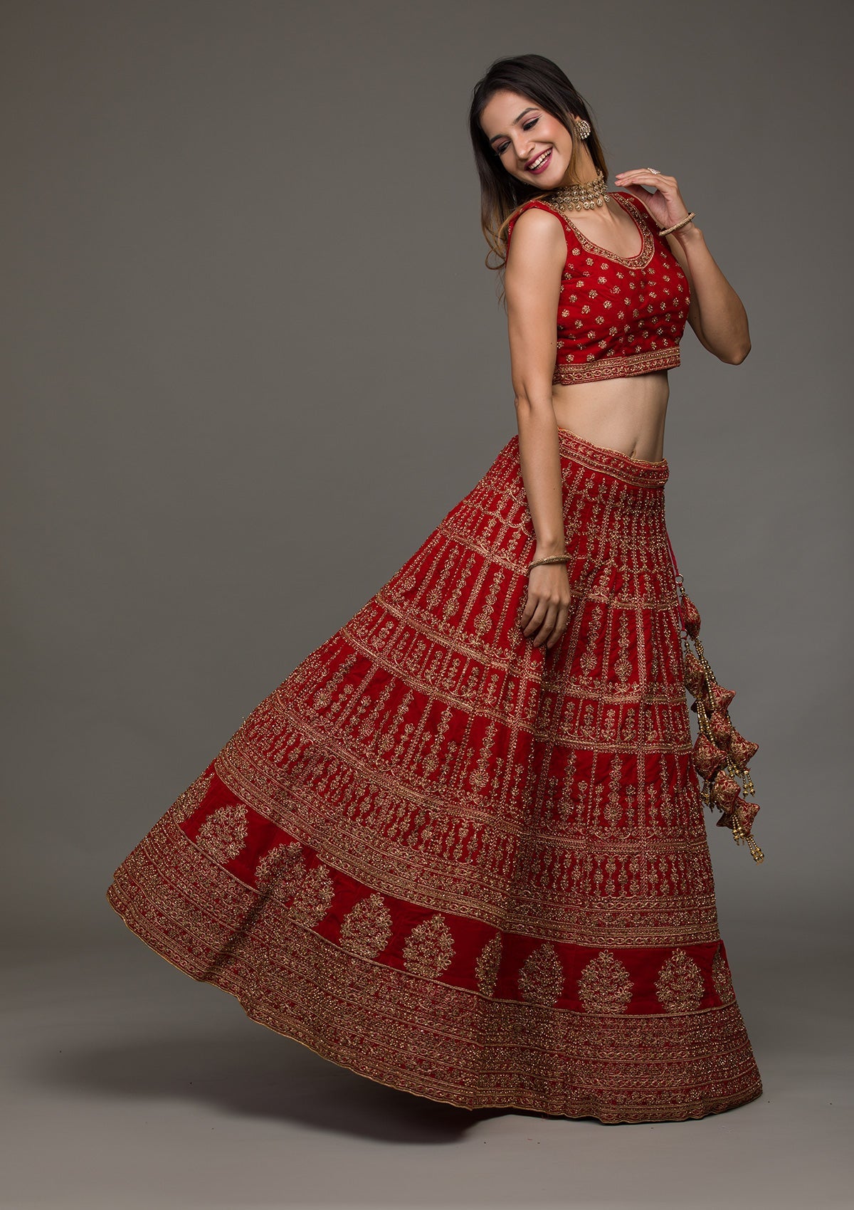 Red Zariwork Velvet Lehenga-koskii