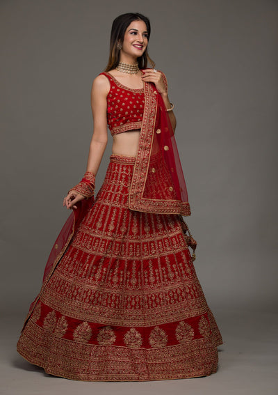 Red Zariwork Velvet Lehenga-koskii