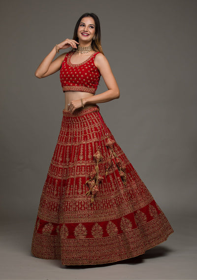 Red Zariwork Velvet Lehenga-koskii