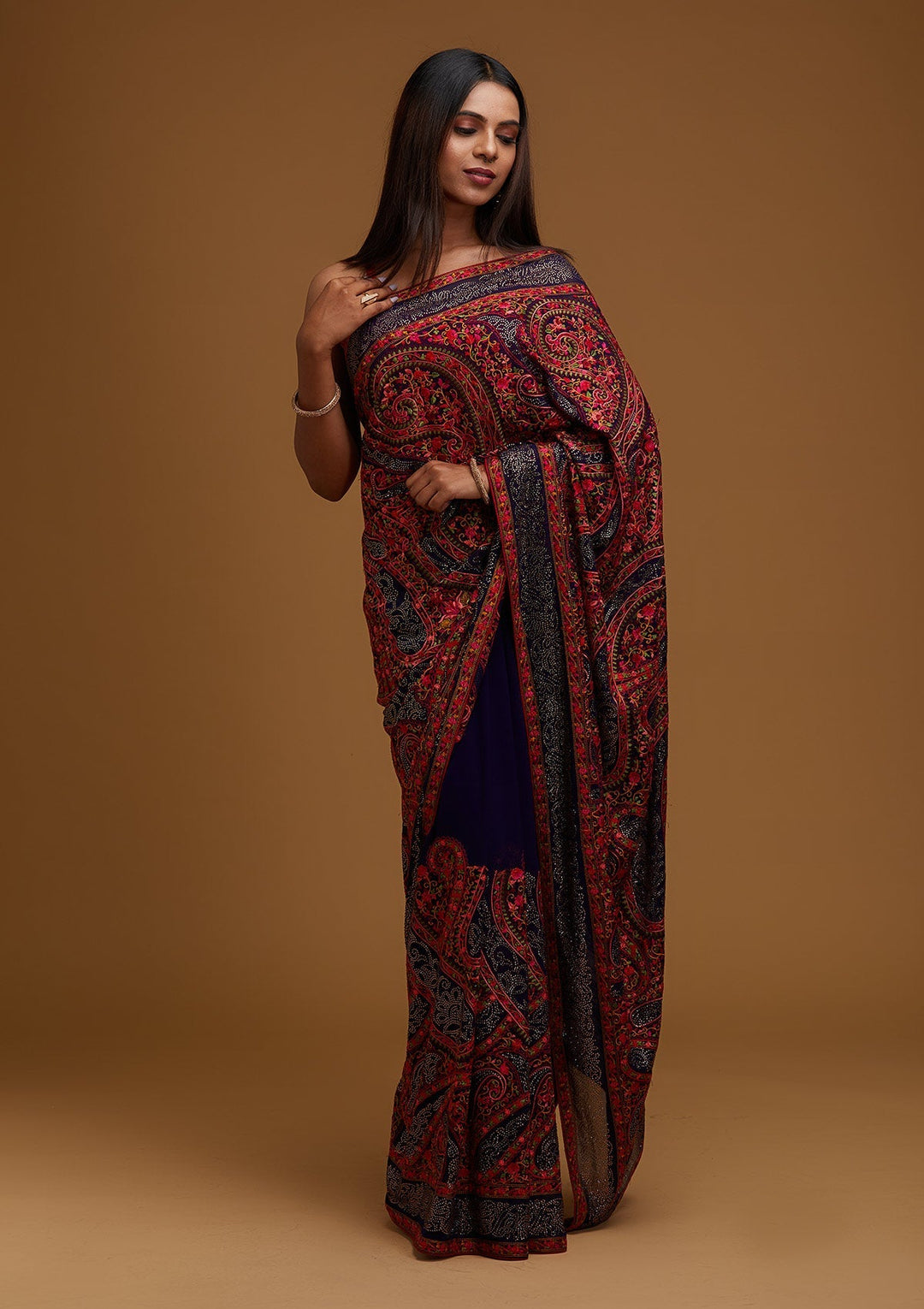 Royal Blue Swarovski Georgette Designer Saree - Koskii