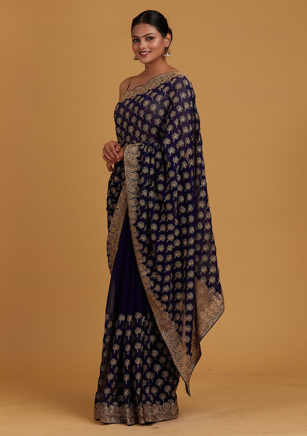 Royal Blue Zariwork Georgette Designer Saree - Koskii