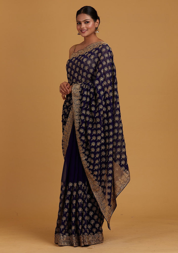 Royal Blue Zariwork Georgette Designer Saree - Koskii