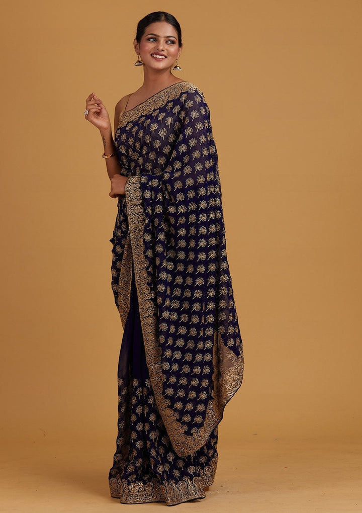 Royal Blue Zariwork Georgette Designer Saree - Koskii