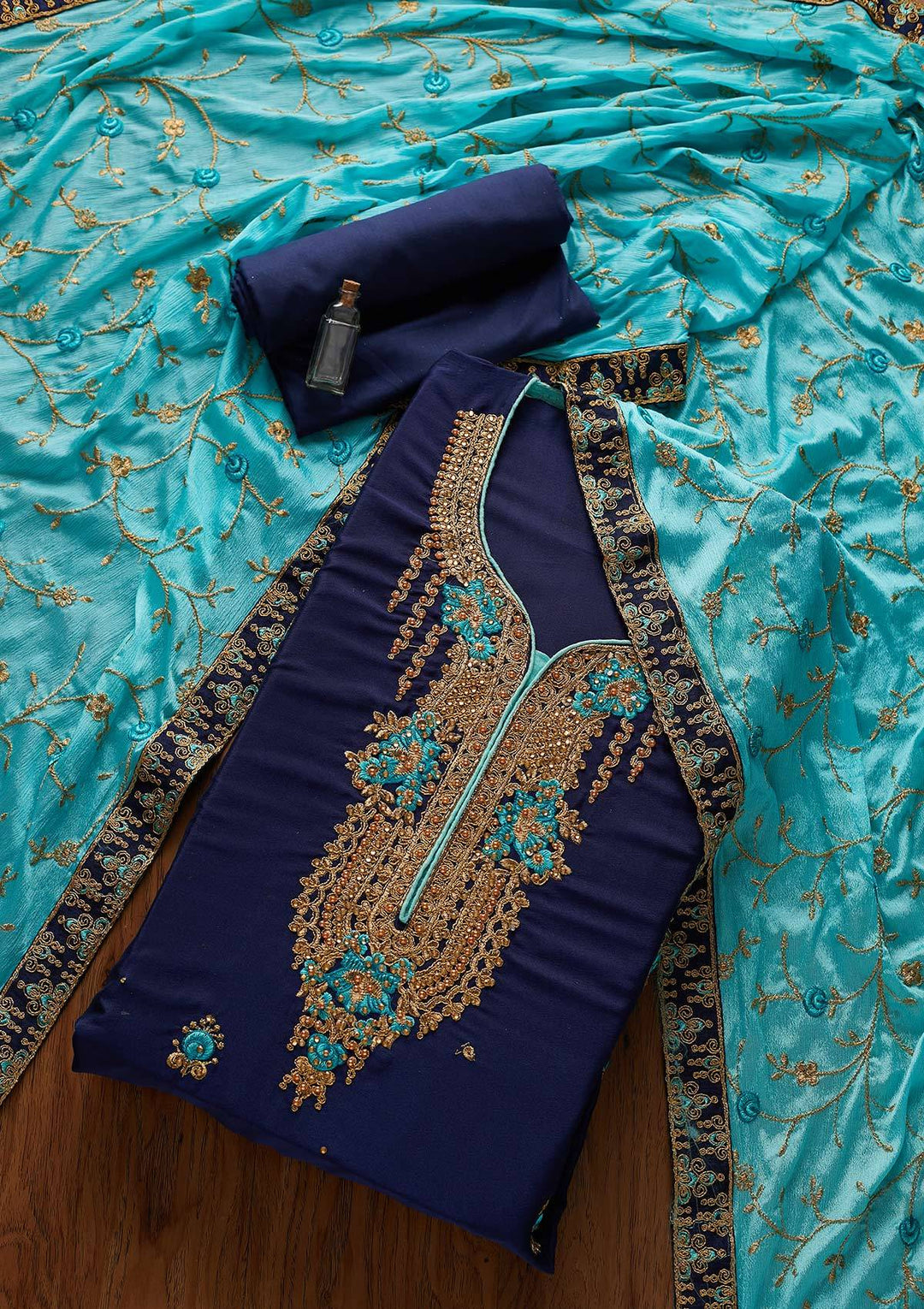 Royal Blue Zariwork Semi Crepe Designer Unstitched Salwar Suit - koskii