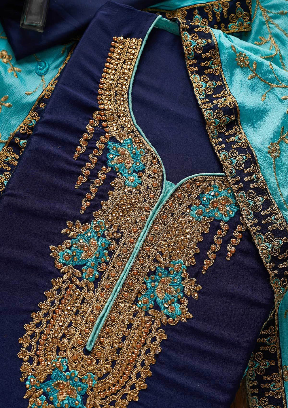 Royal Blue Zariwork Semi Crepe Designer Unstitched Salwar Suit - koskii