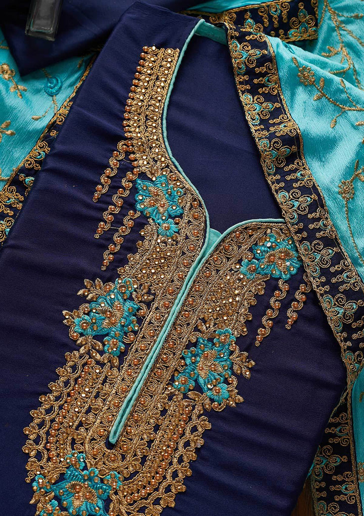 Royal Blue Zariwork Semi Crepe Designer Unstitched Salwar Suit - koskii