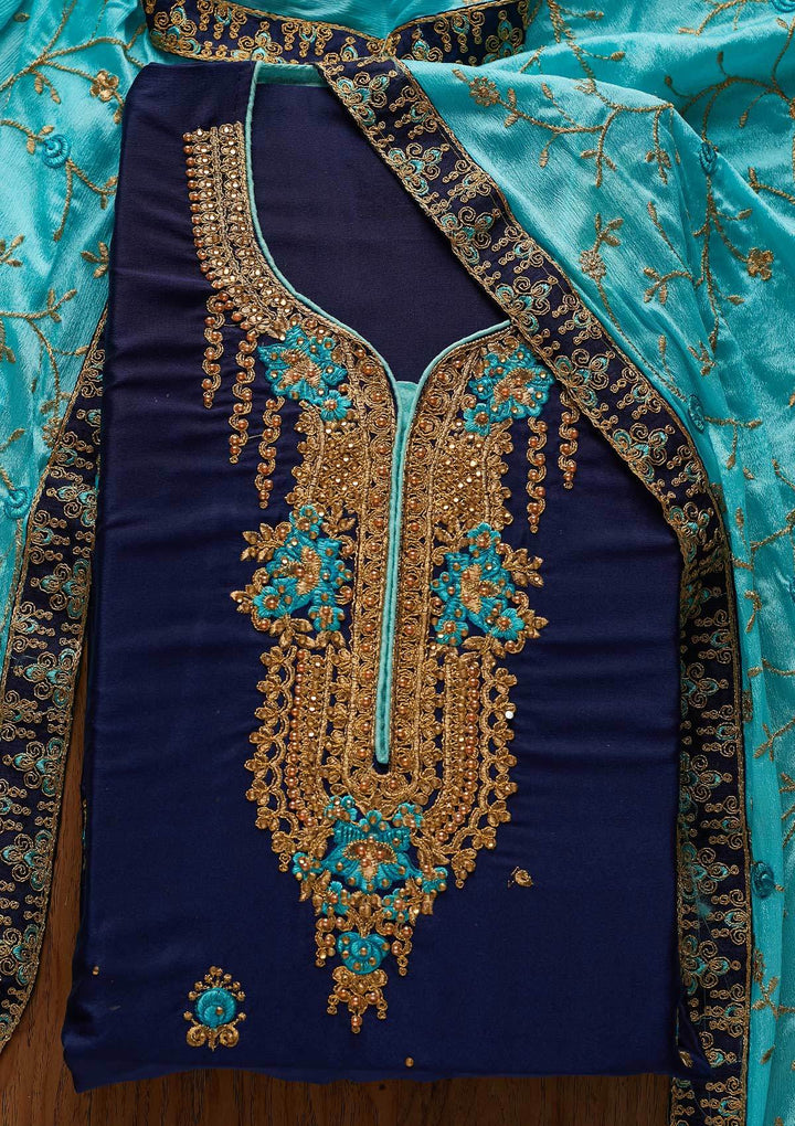Royal Blue Zariwork Semi Crepe Designer Unstitched Salwar Suit - koskii