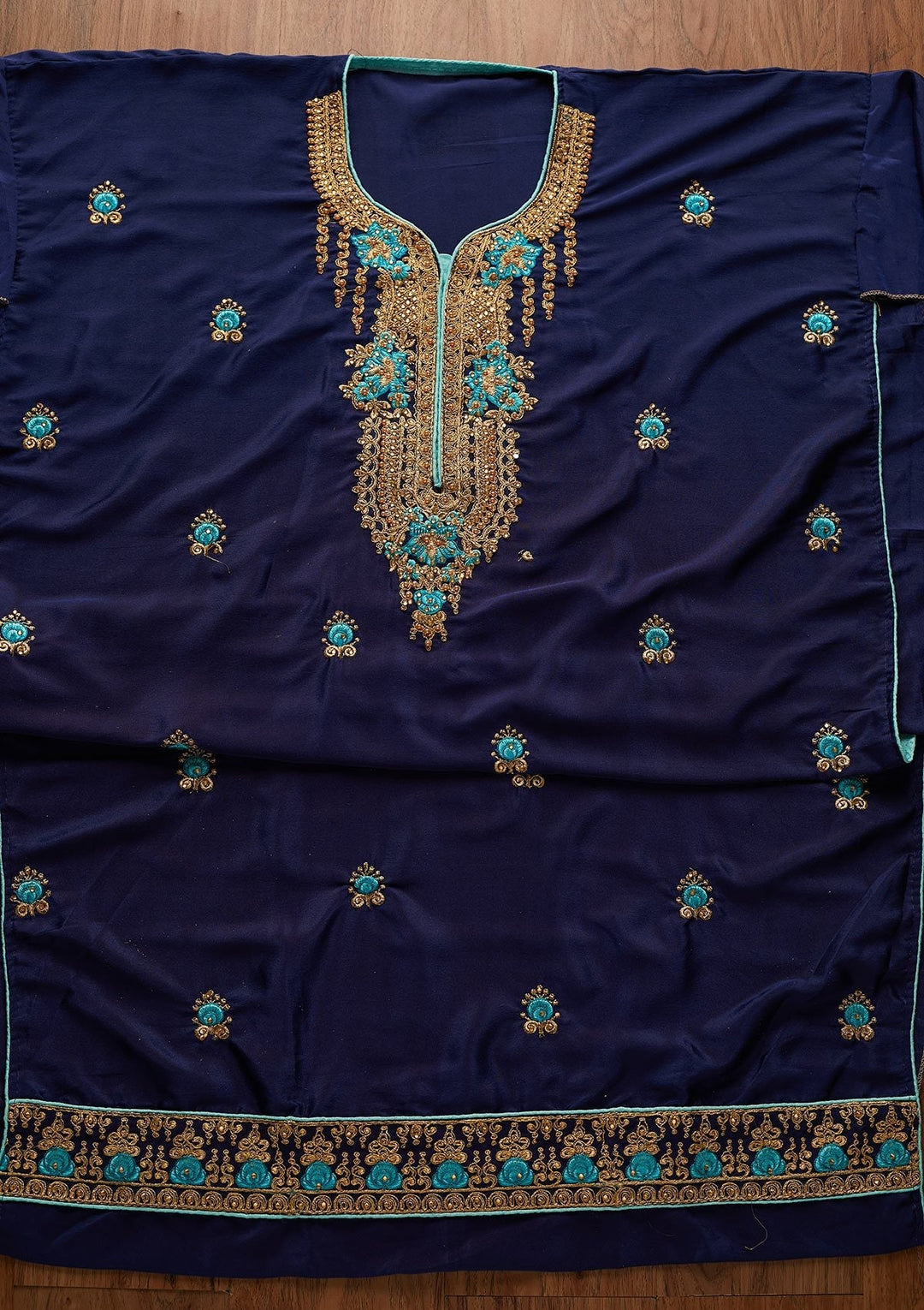 Royal Blue Zariwork Semi Crepe Designer Unstitched Salwar Suit - koskii