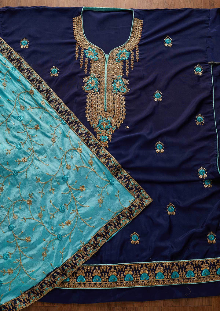 Royal Blue Zariwork Semi Crepe Designer Unstitched Salwar Suit - koskii