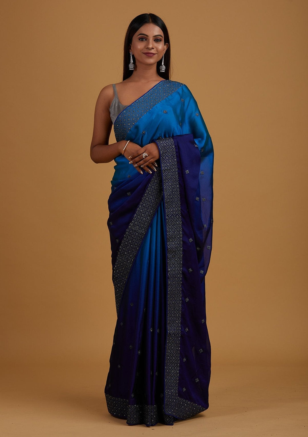 Royal Blue Zariwork Semi Crepe Designer Saree - Koskii