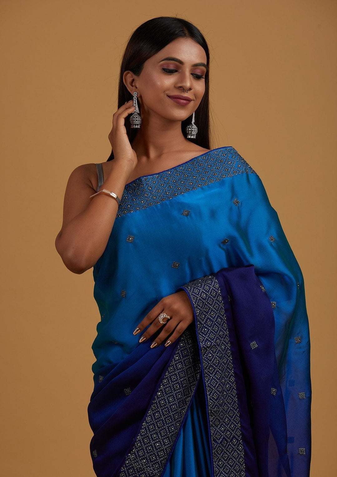 Royal Blue Zariwork Semi Crepe Designer Saree - Koskii