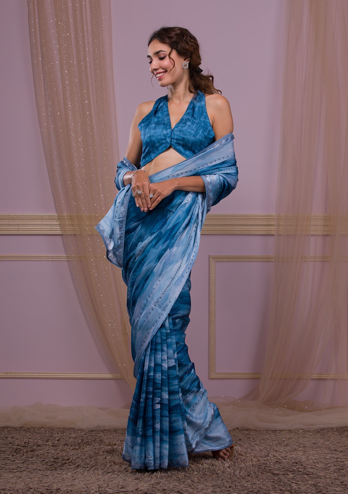 Royal Blue Printed Semi Crepe Designer Saree-Koskii