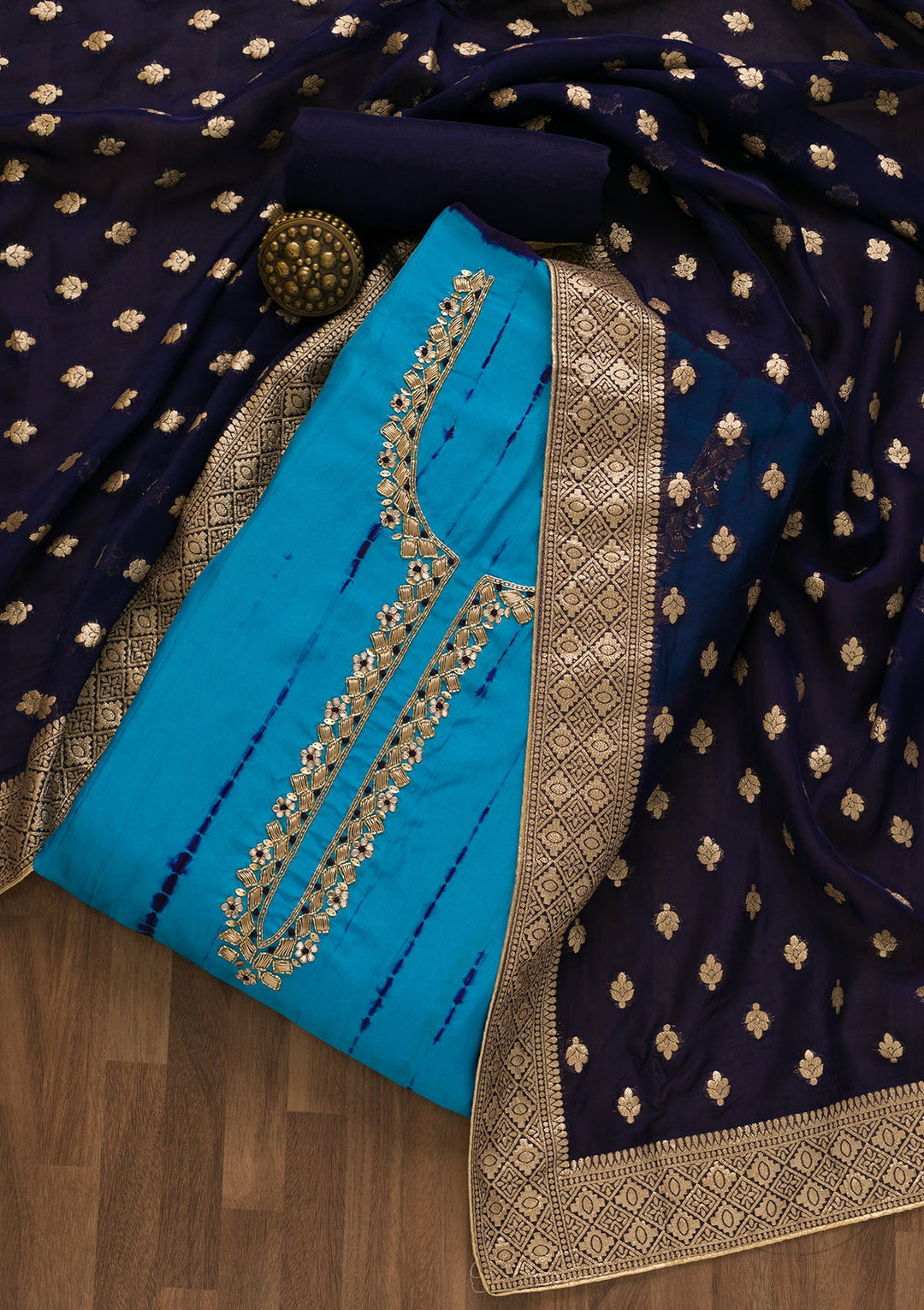 Royal Blue Printed Soft Silk Unstitched Salwar Kameez-Koskii