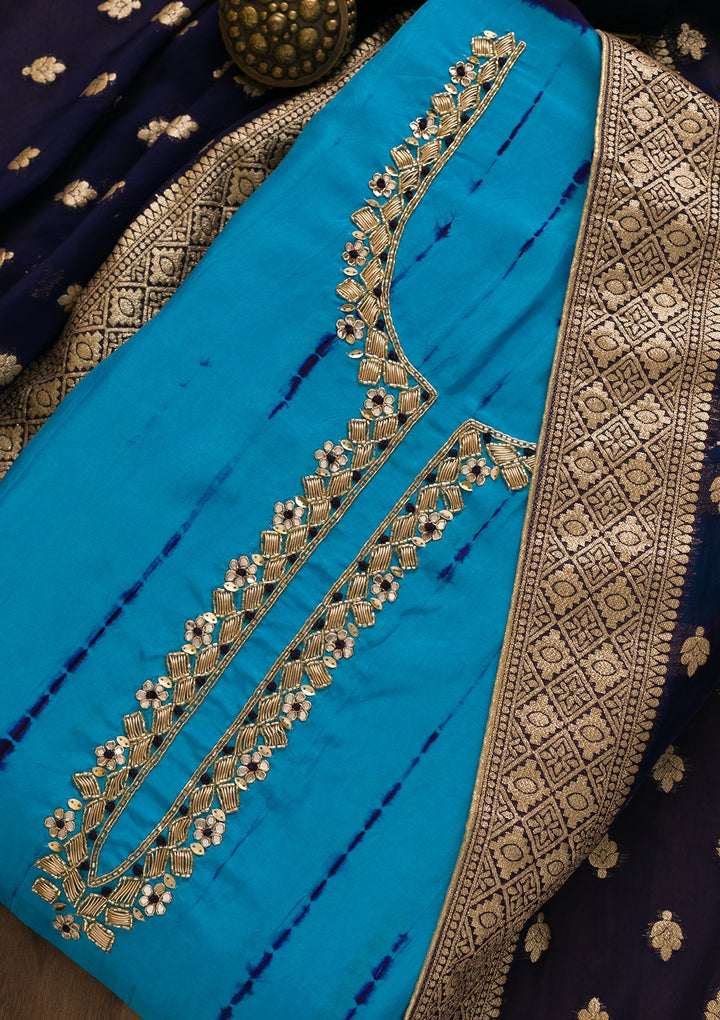 Royal Blue Printed Soft Silk Unstitched Salwar Kameez-Koskii