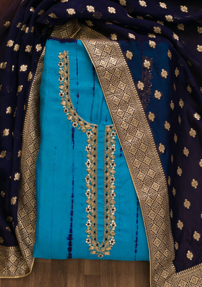 Royal Blue Printed Soft Silk Unstitched Salwar Kameez-Koskii