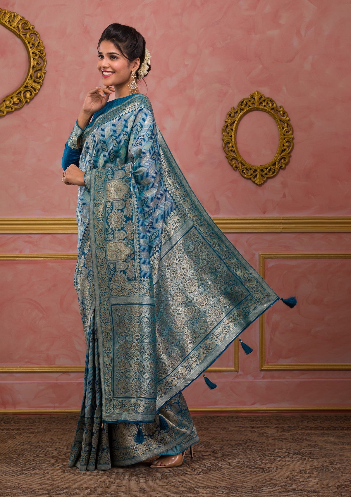 Royal Blue Zariwork Art Silk Saree-Koskii