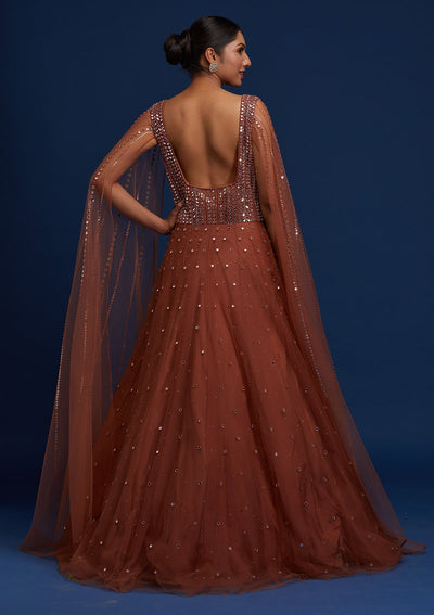 Rust Mirrorwork Net Designer Gown - Koskii