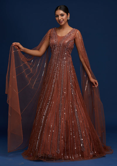 Rust Mirrorwork Net Designer Gown - Koskii