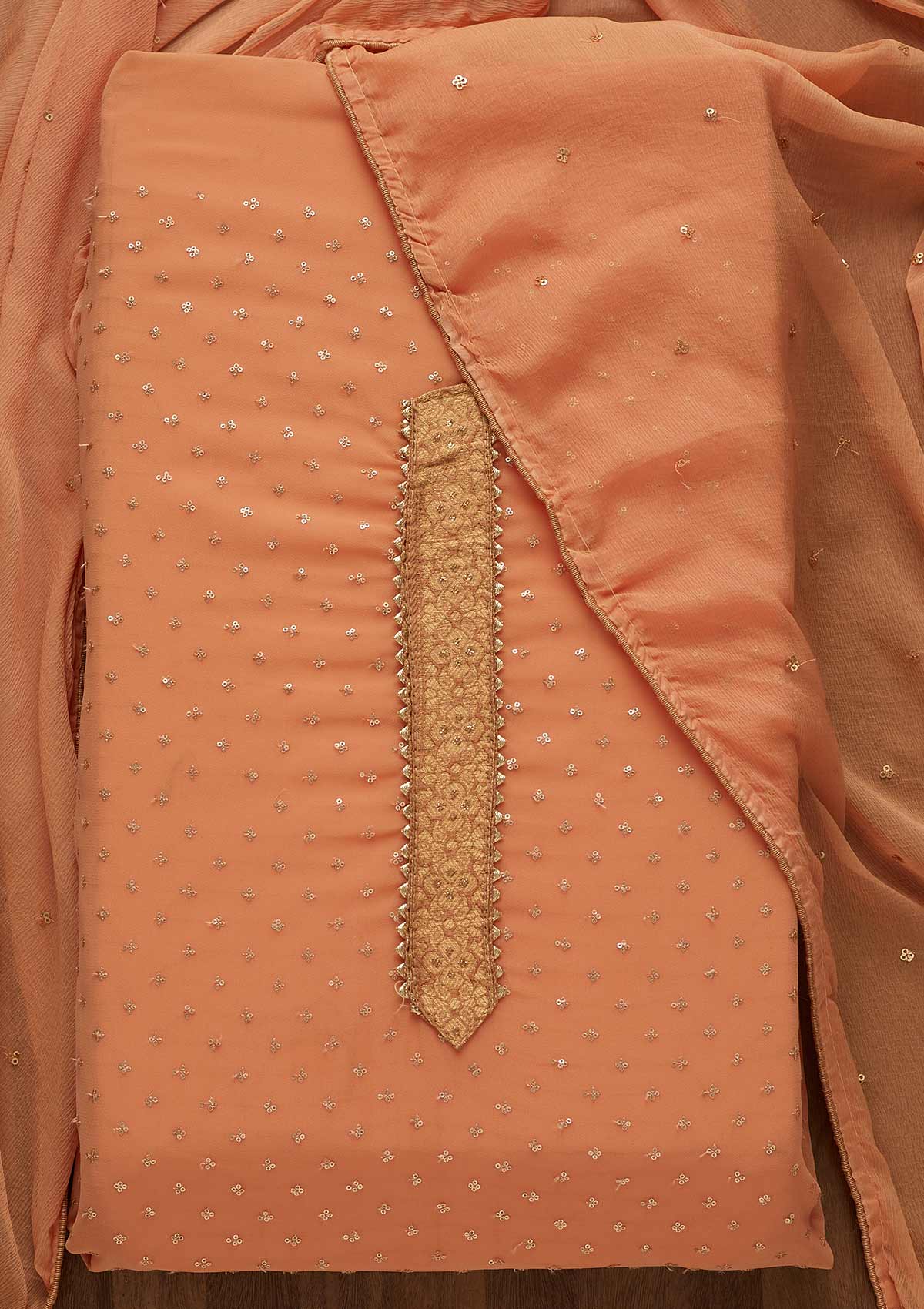 Rust Sequins Georgette Unstitched Salwar Suit-Koskii