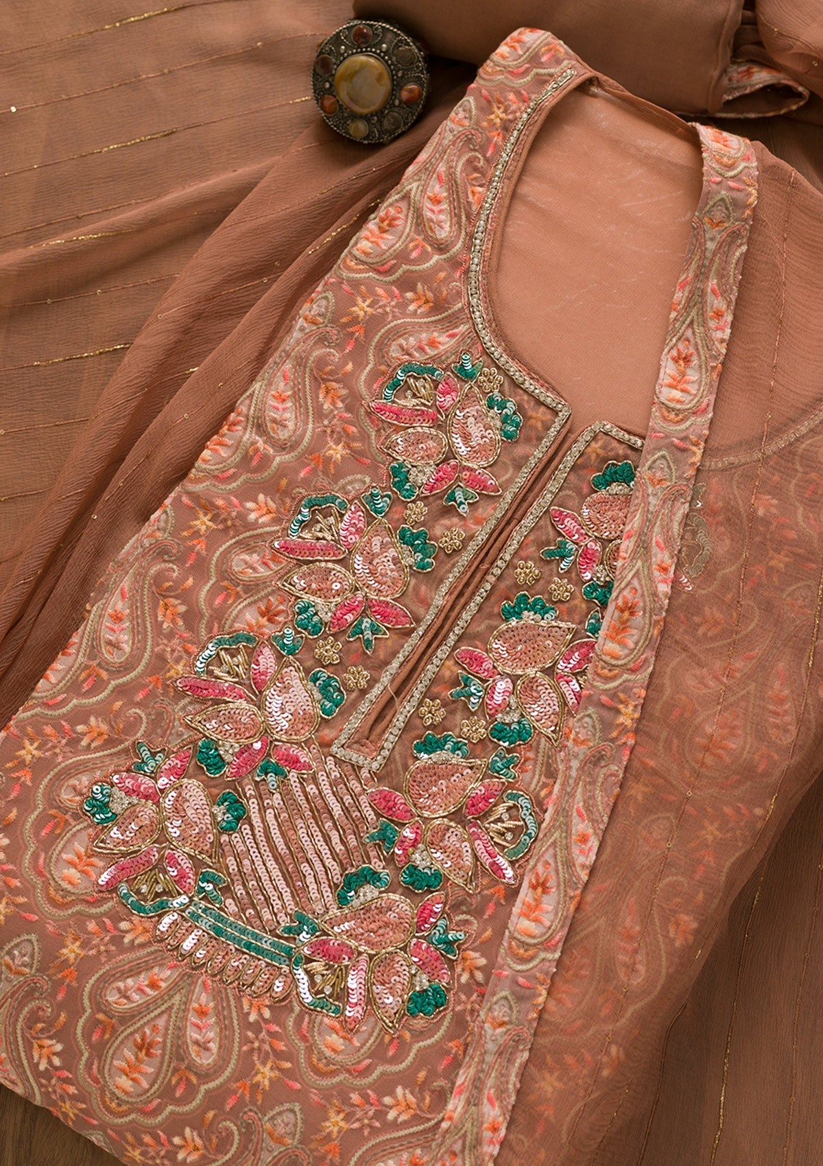 Rust Sequins Georgette Unstitched Salwar Kameez-Koskii