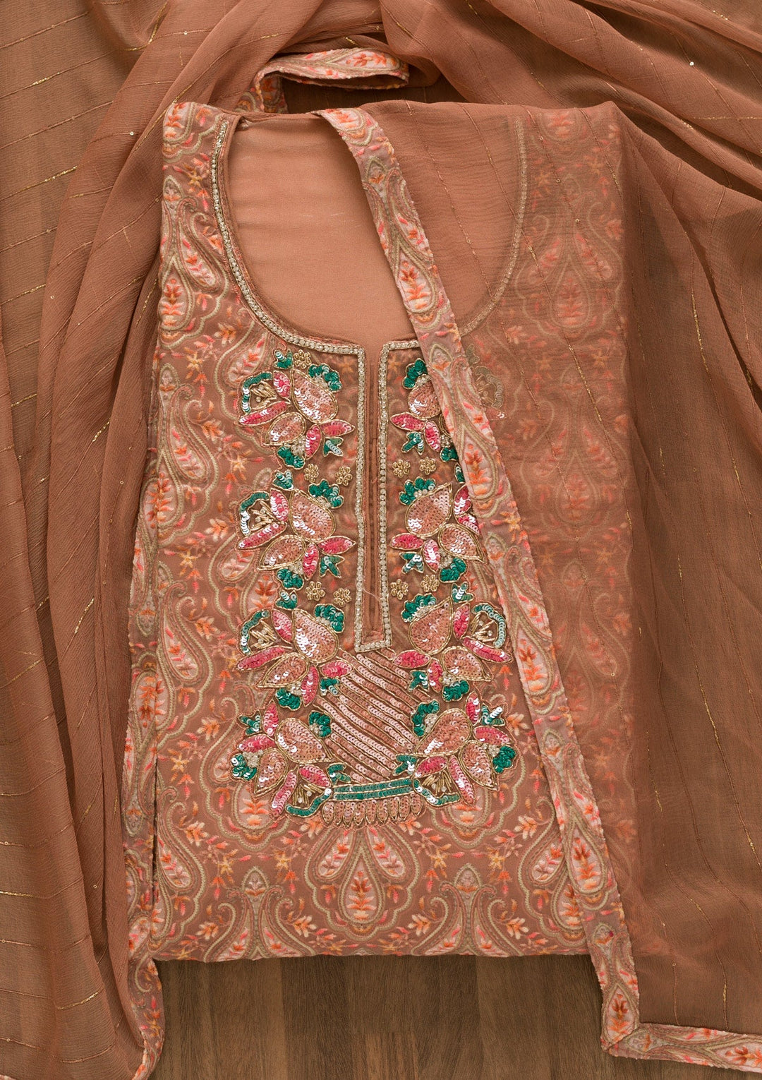 Rust Sequins Georgette Unstitched Salwar Kameez-Koskii