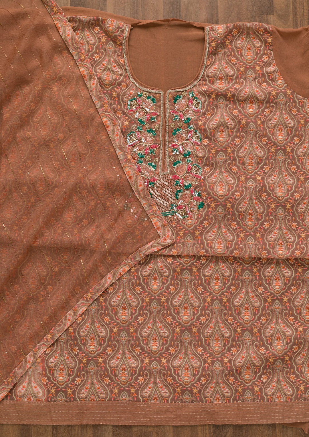 Rust Sequins Georgette Unstitched Salwar Kameez-Koskii