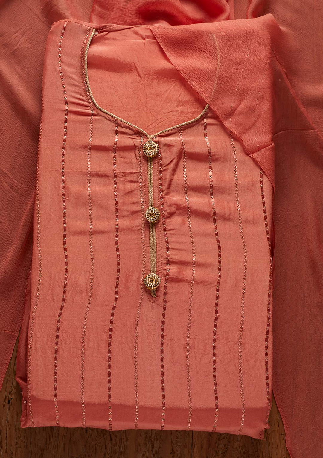 Rust Sequins Semi Crepe Designer Semi-Stitched Salwar Suit - koskii