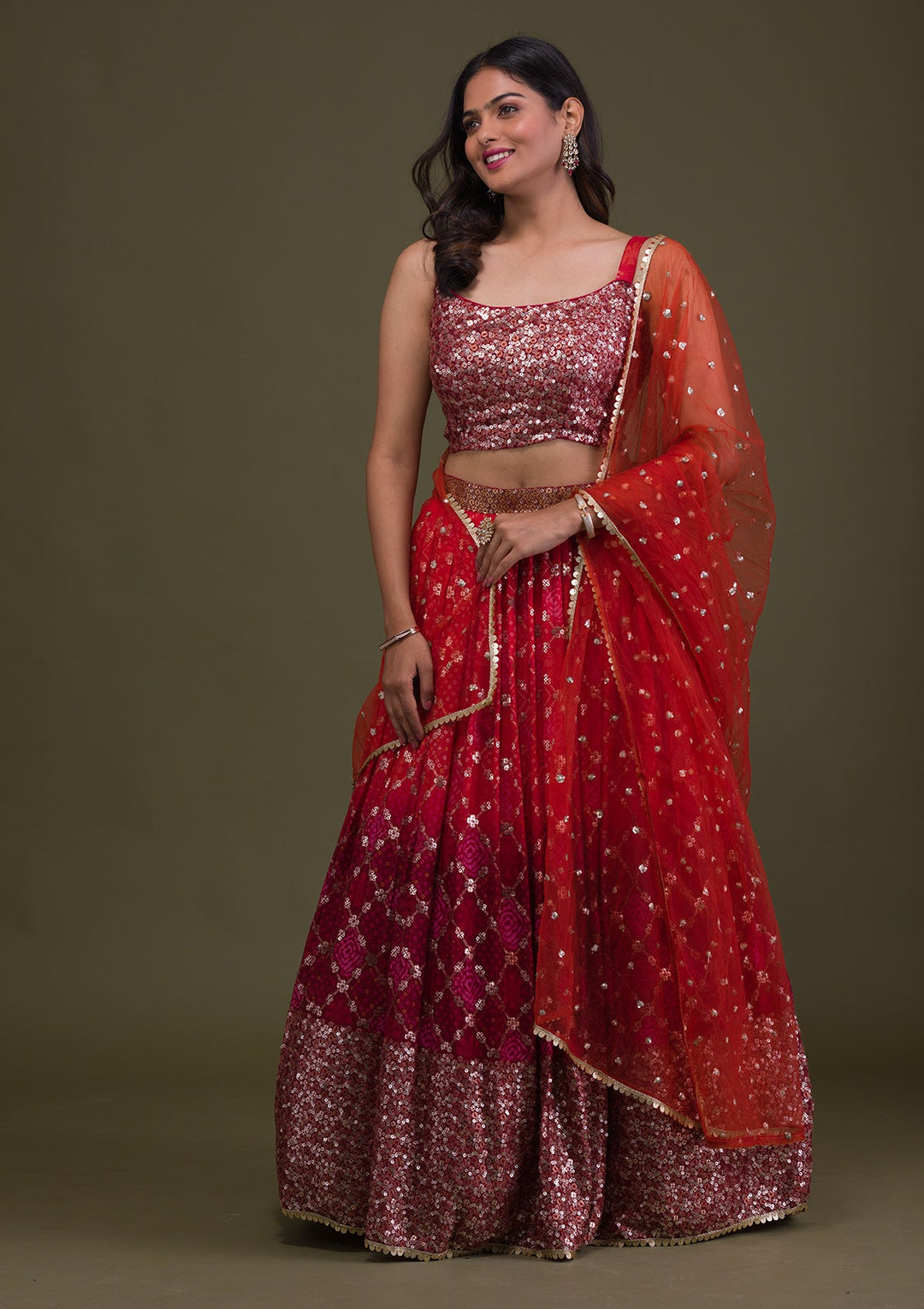 Rust Sequins Semi Crepe Readymade Lehenga-Koskii