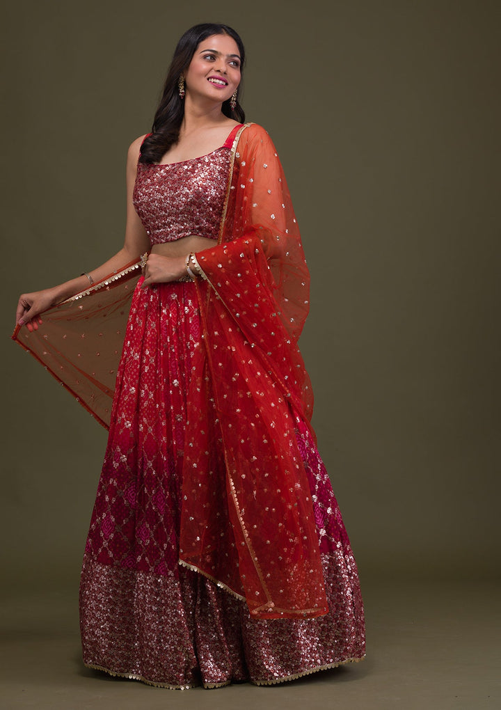 Rust Sequins Semi Crepe Readymade Lehenga-Koskii