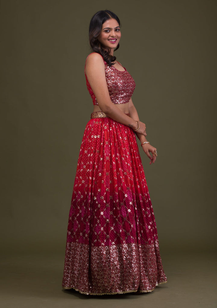 Rust Sequins Semi Crepe Readymade Lehenga-Koskii