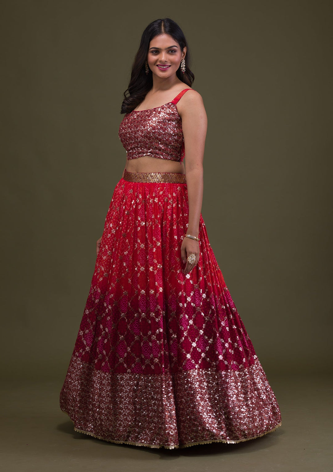 Rust Sequins Semi Crepe Readymade Lehenga-Koskii