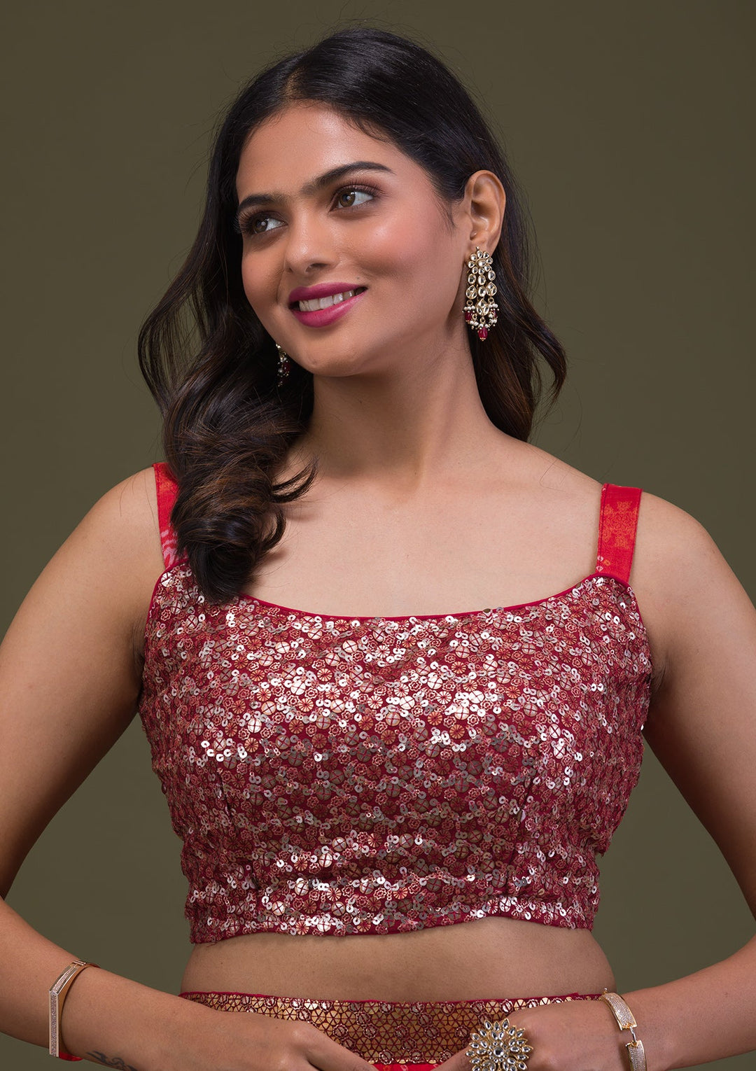 Rust Sequins Semi Crepe Readymade Lehenga-Koskii