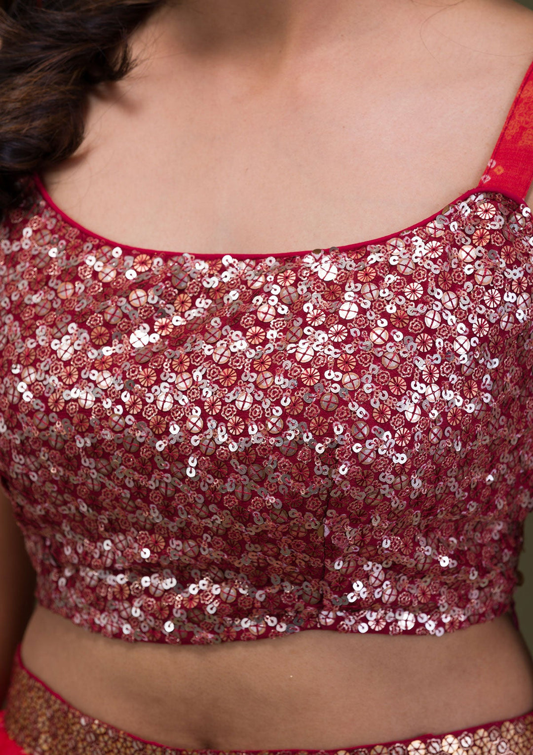 Rust Sequins Semi Crepe Readymade Lehenga-Koskii