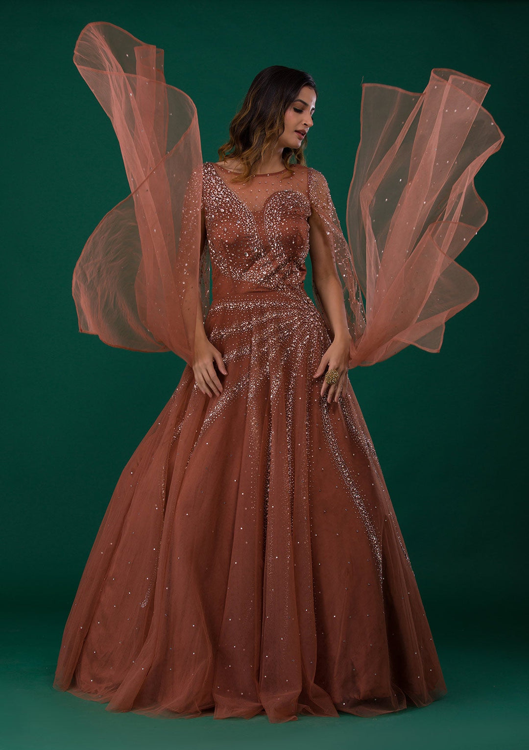 Rust Silver Stonework Net Designer Gown-Koskii