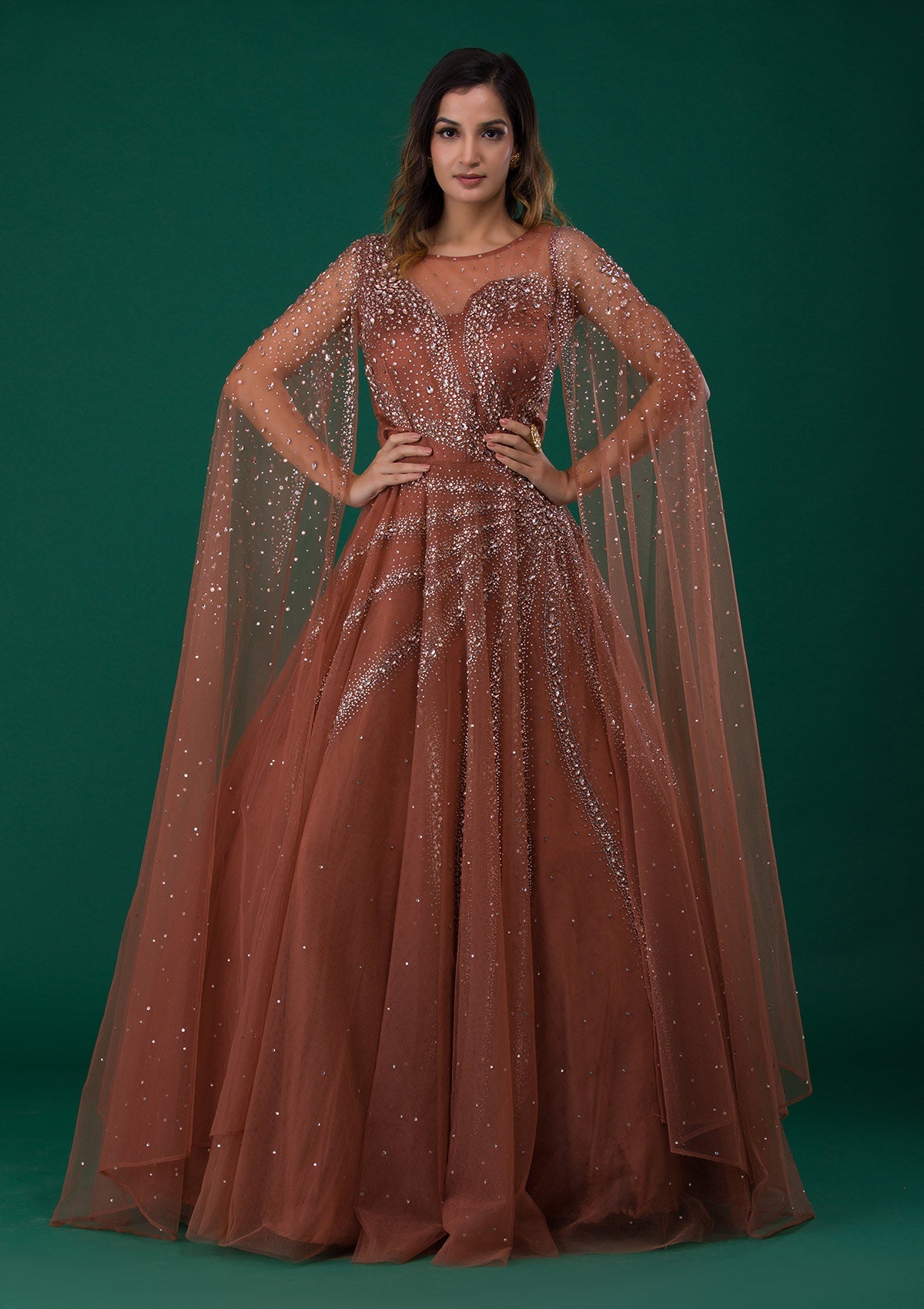 Buy Rust Silver Stonework Net Designer Gown