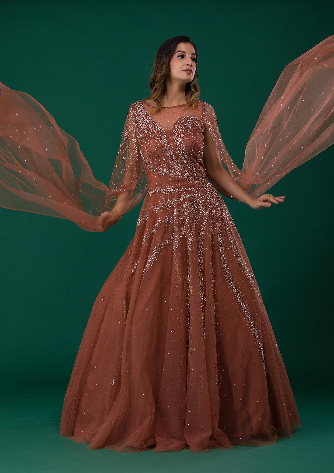 Rust Silver Stonework Net Designer Gown-Koskii