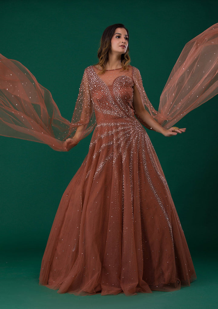Rust Silver Stonework Net Designer Gown-Koskii