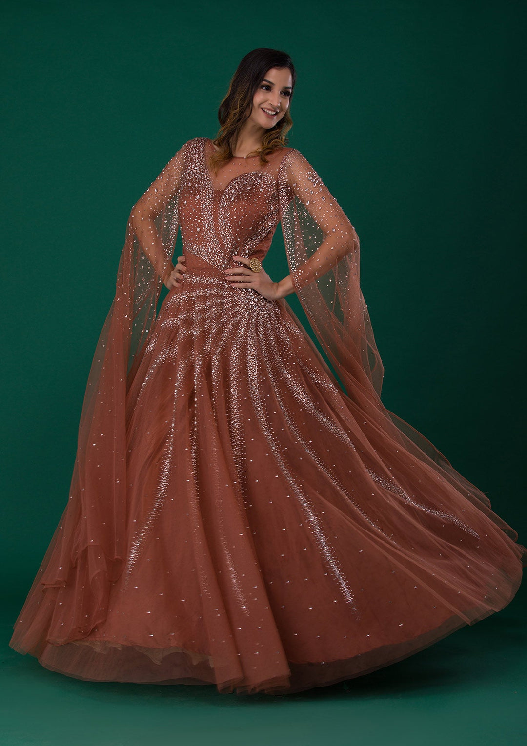 Rust Silver Stonework Net Designer Gown-Koskii